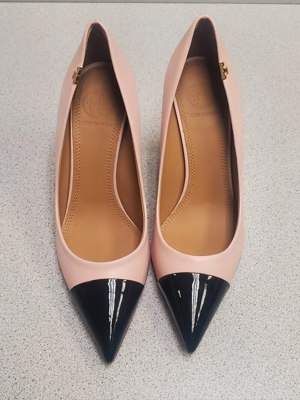 Tory Burch Blush Pink Pointed-Toe Pumps with Black Patent Cap